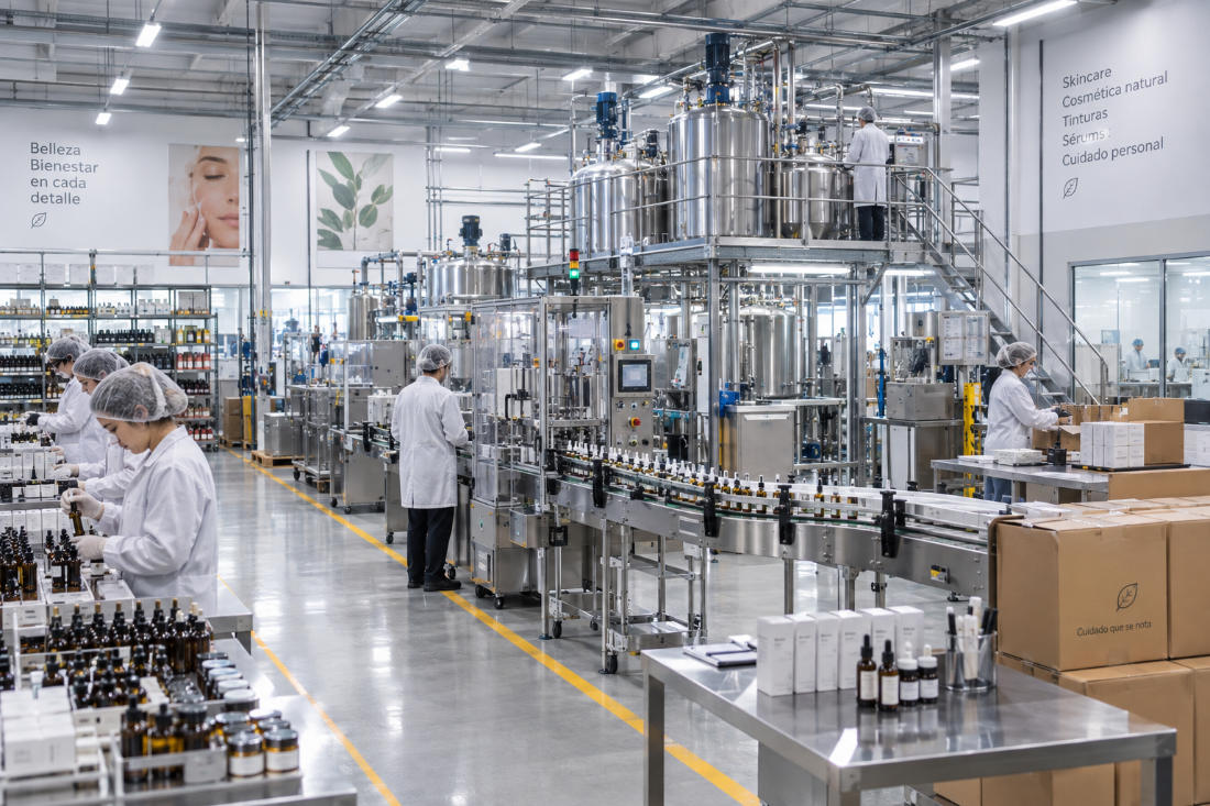 Línea de fabricación industrial con operarios en planta
